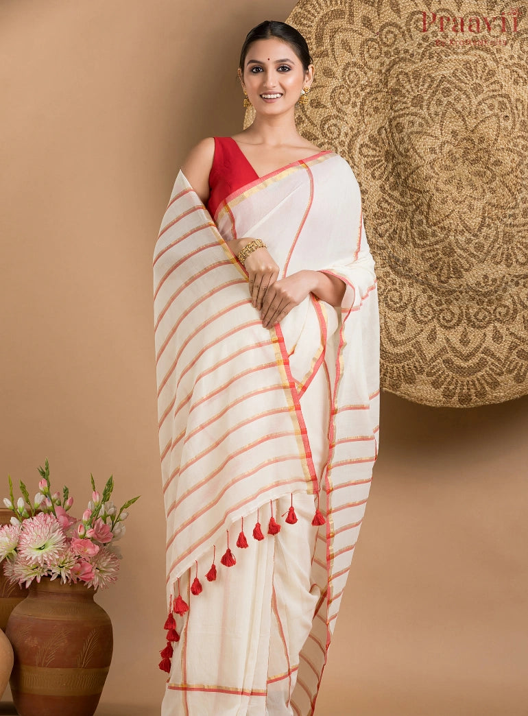 Off-White and Red Cotton Saree