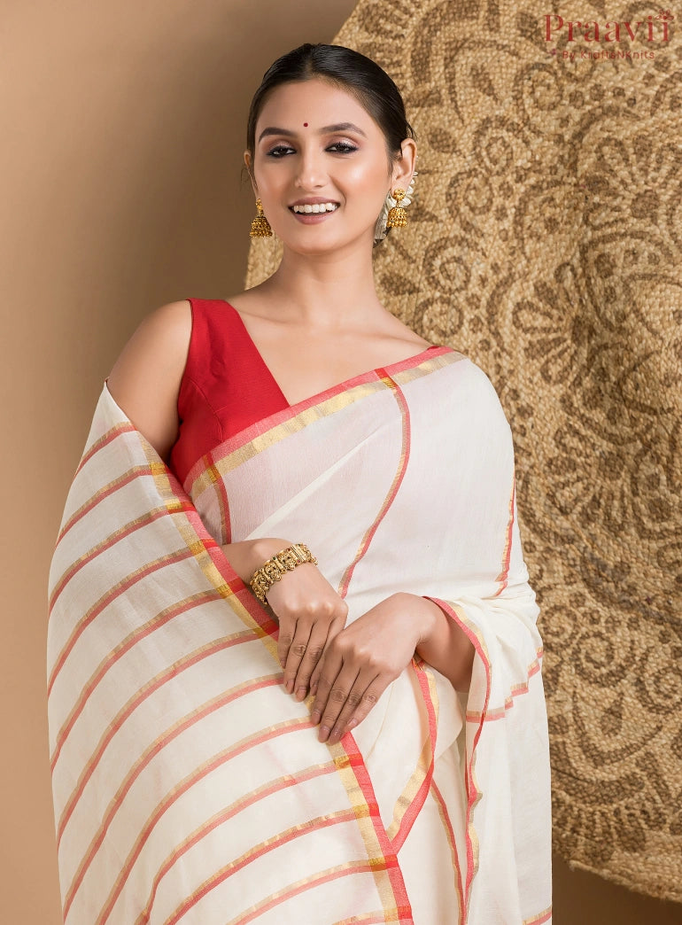 Off-White and Red Cotton Saree