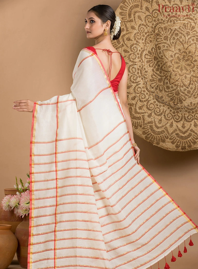 Off-White and Red Cotton Saree