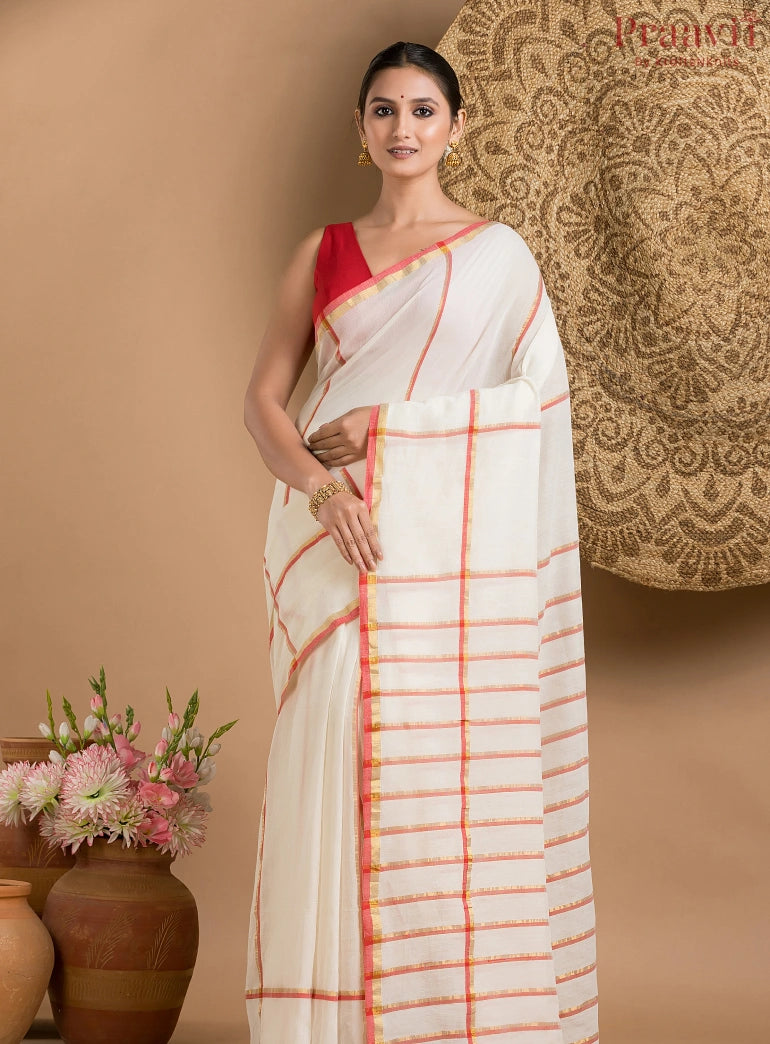 Off-White and Red Cotton Saree