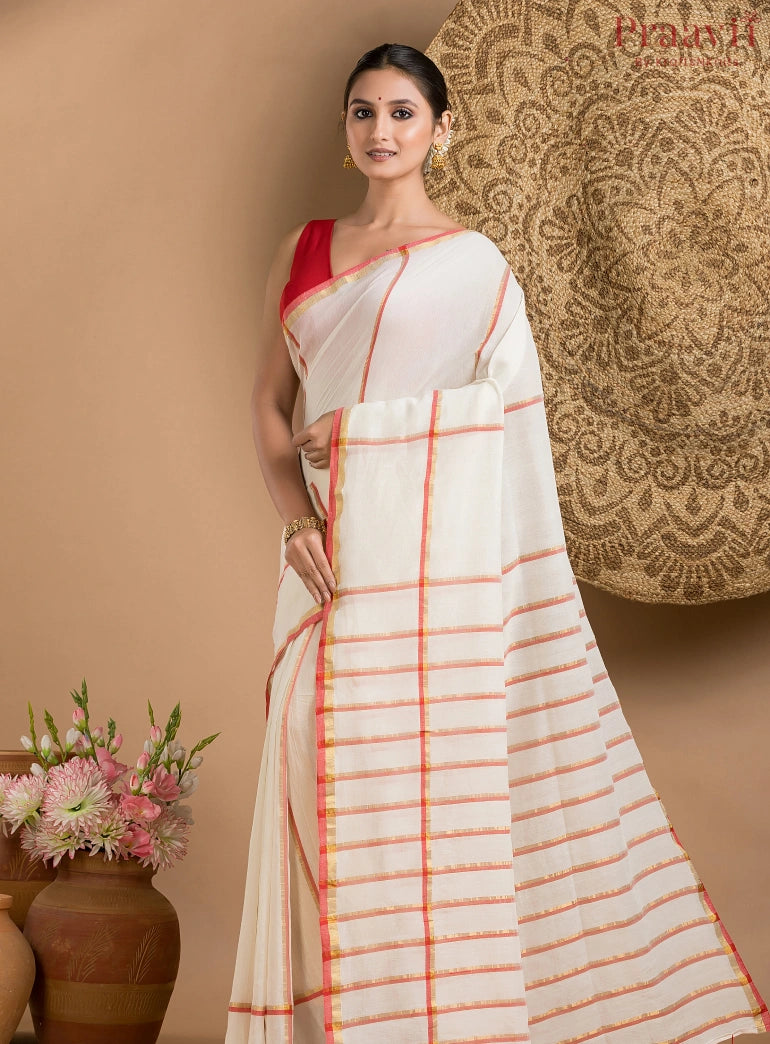 Off-White and Red Cotton Saree