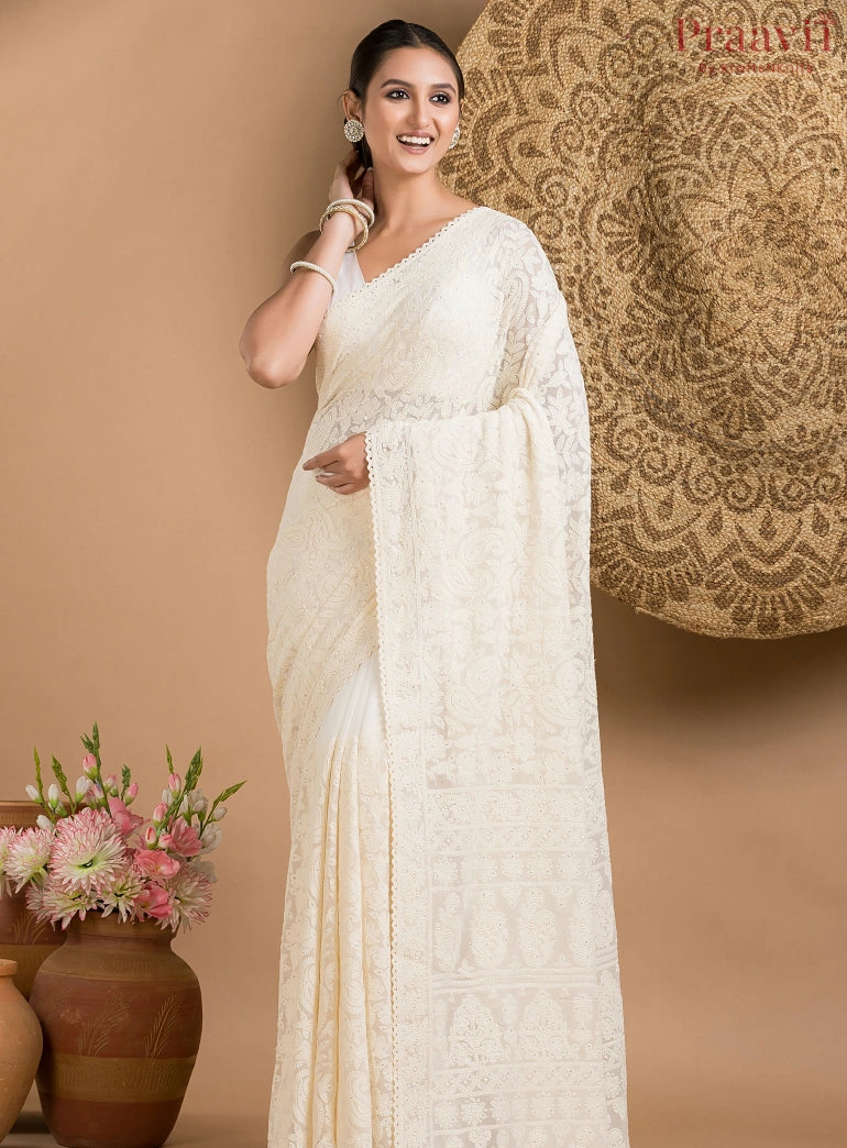 Off-White Georgette Chikankari Saree