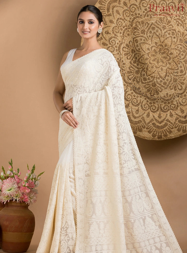 Off-White Georgette Chikankari Saree