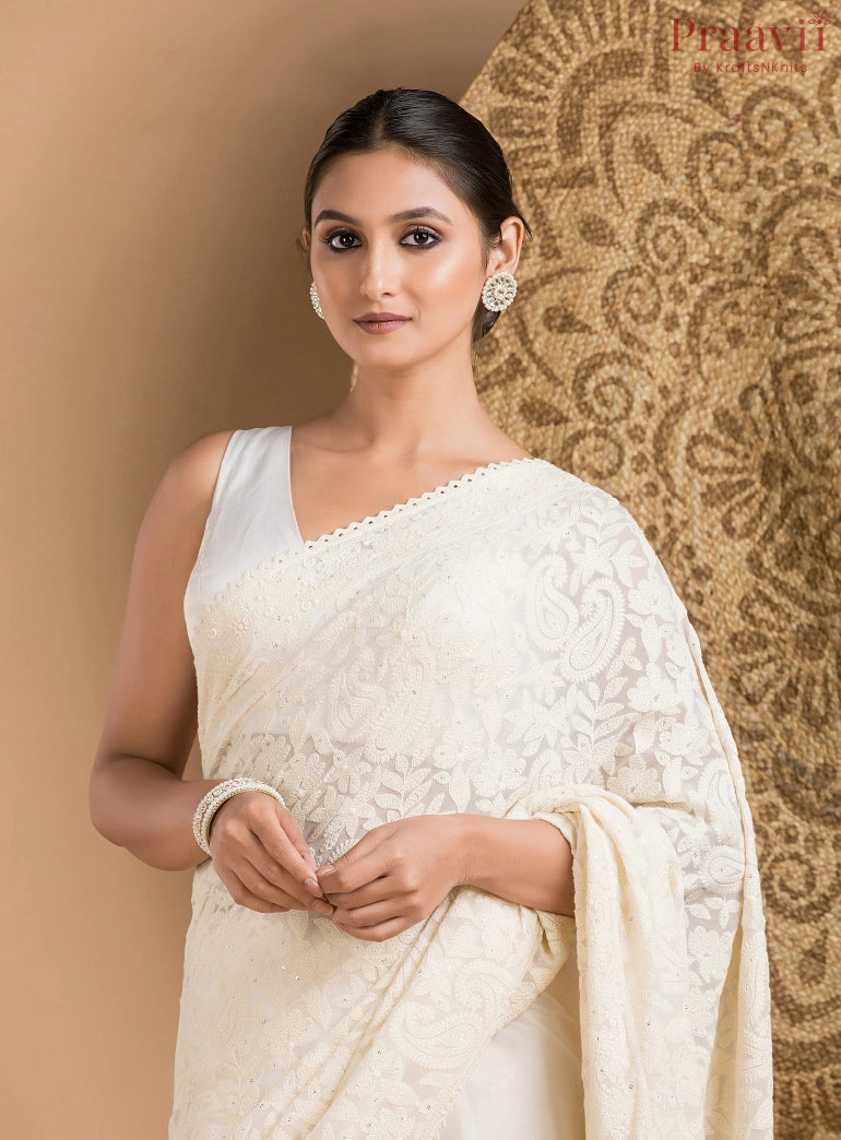 Off-White Georgette Chikankari Saree