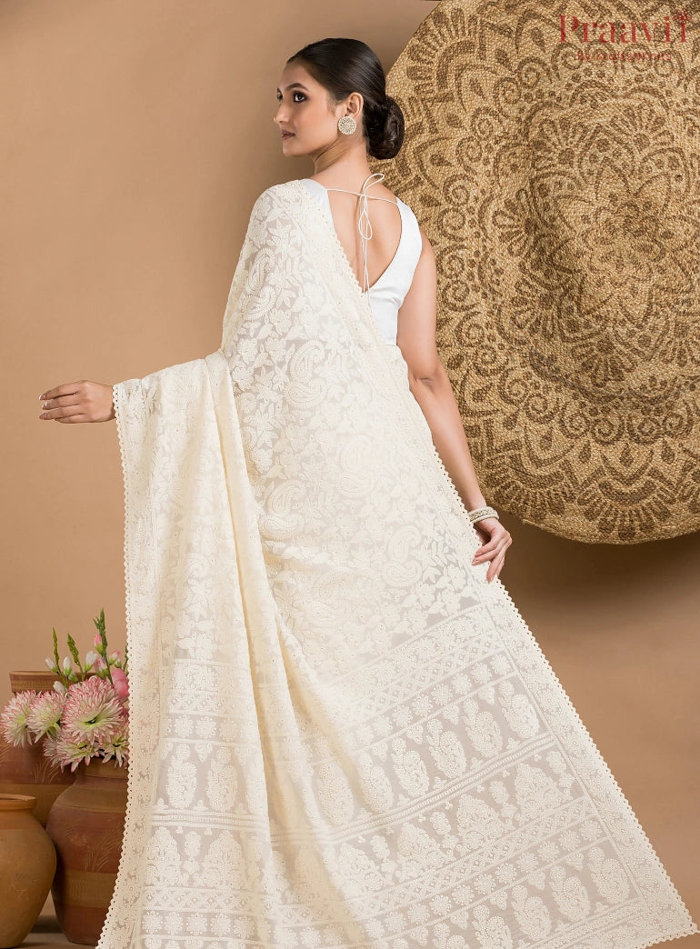 Off-White Georgette Chikankari Saree