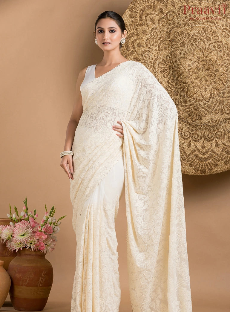 Off-White Georgette Chikankari Saree