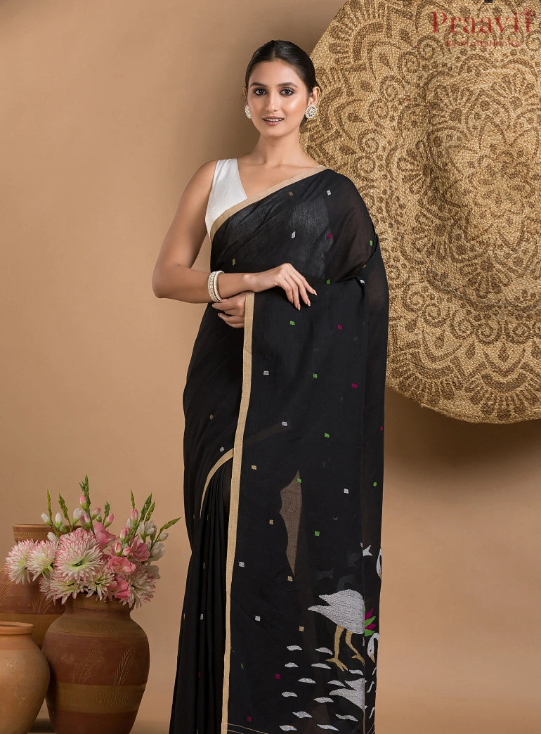 Black Cotton Jamdani saree