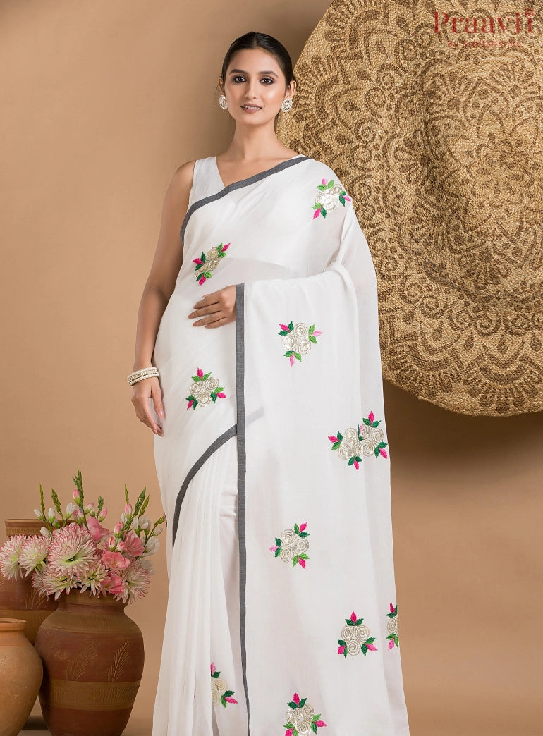 White Mul Cotton Saree with Black Border