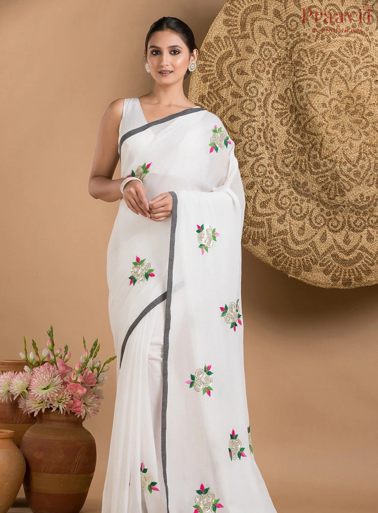 White Mul Cotton Saree with Black Border