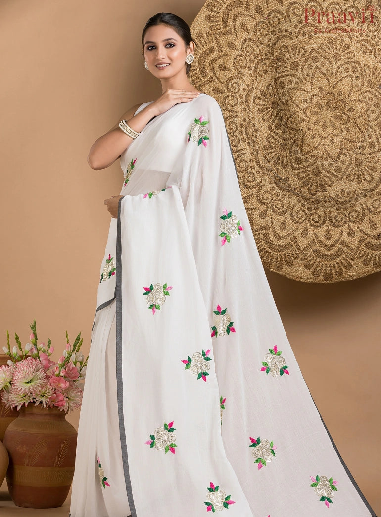 White Mul Cotton Saree with Black Border