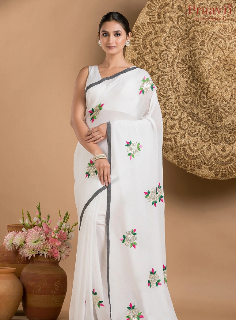 White Mul Cotton Saree with Black Border
