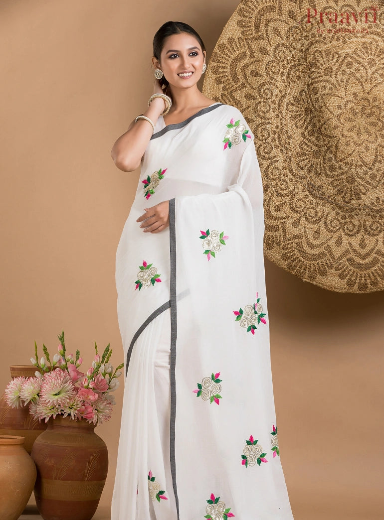 White Mul Cotton Saree with Black Border
