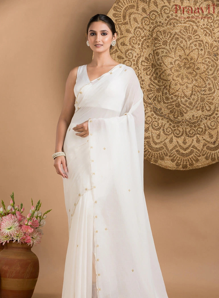 White Mul Cotton Saree with Zardosi Work