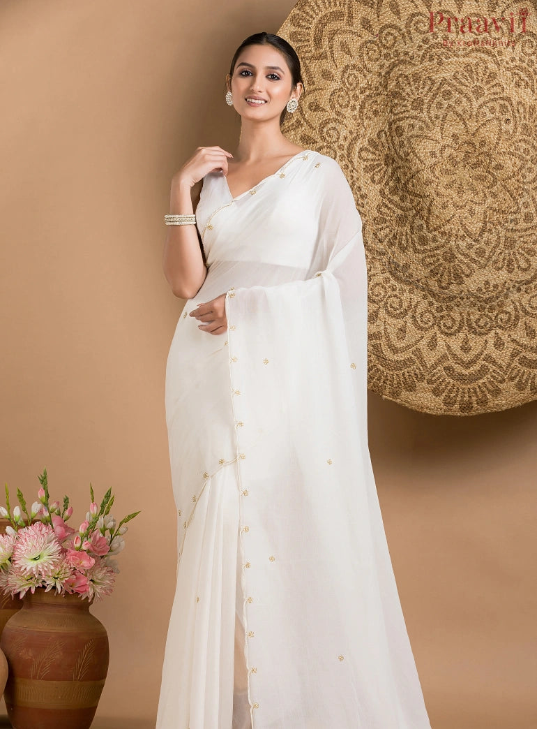 White Mul Cotton Saree with Zardosi Work