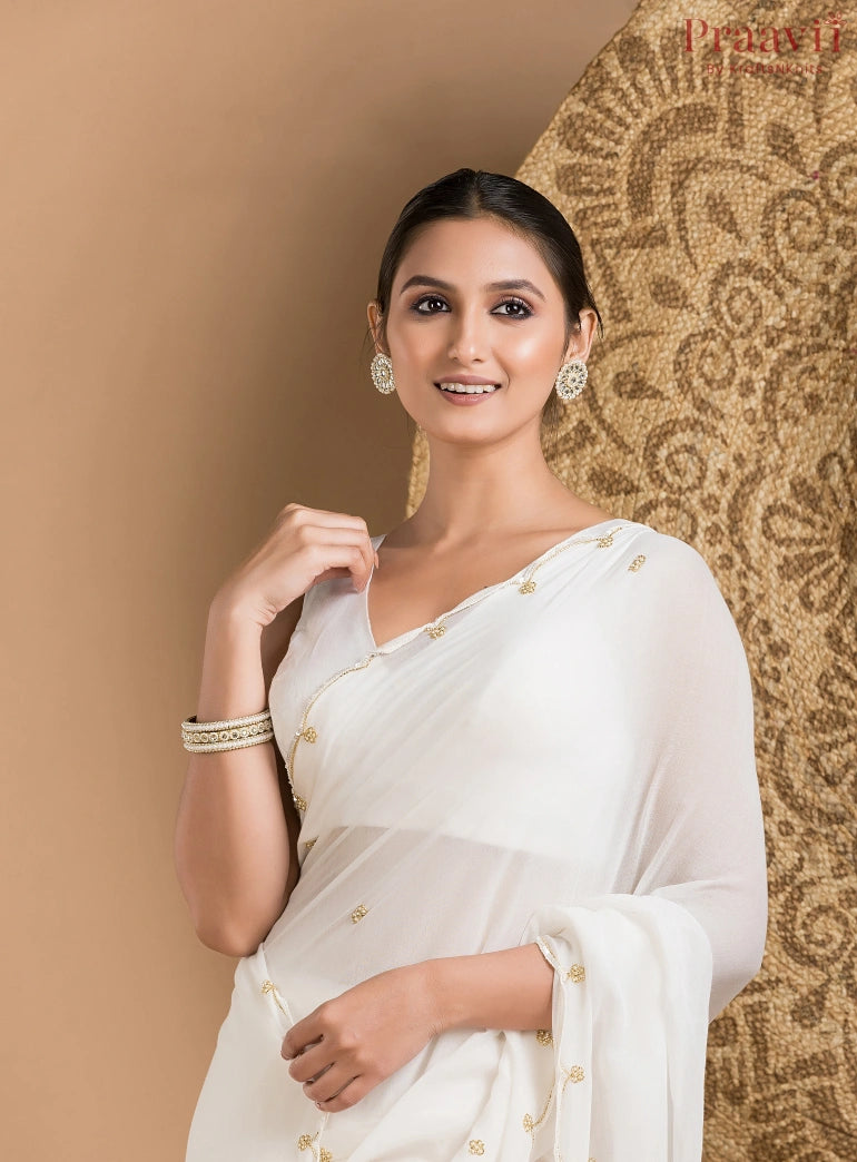 White Mul Cotton Saree with Zardosi Work