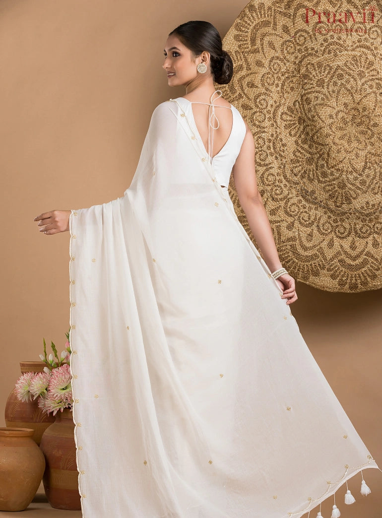 White Mul Cotton Saree with Zardosi Work