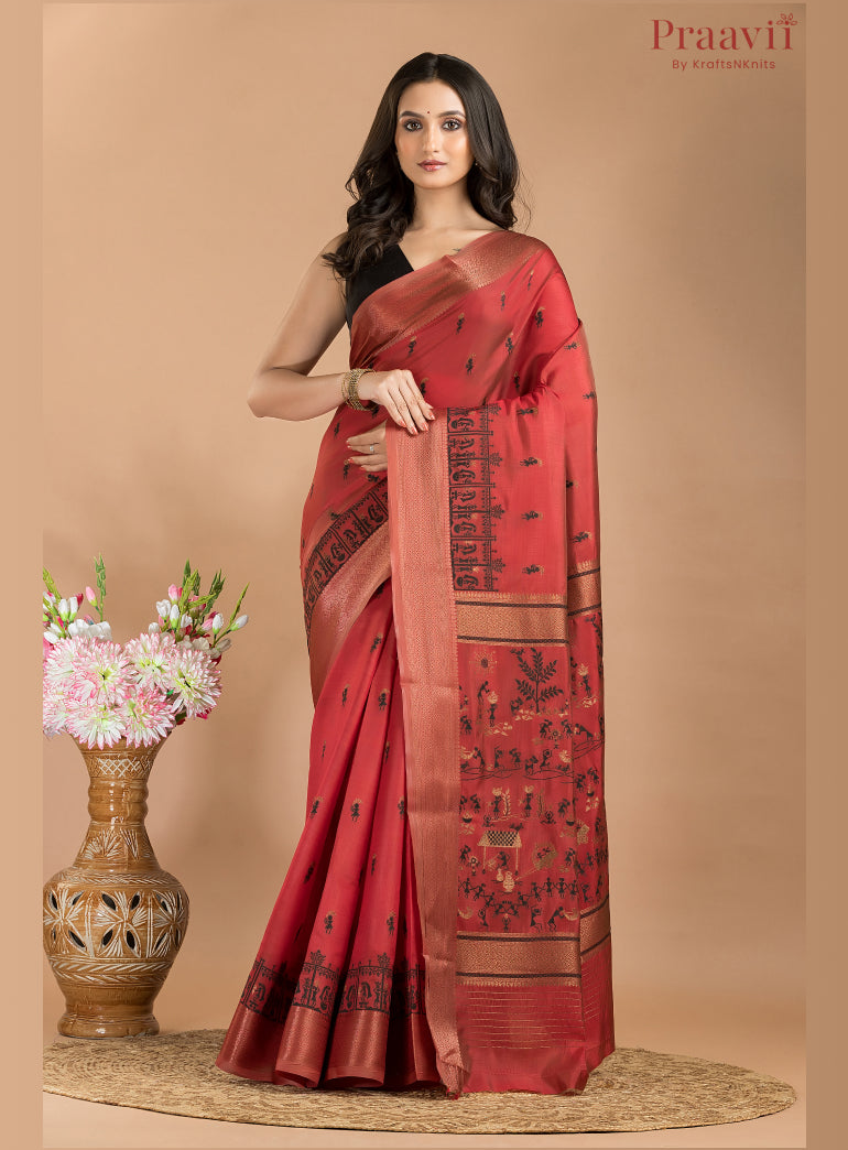 Maroon Semi Tussar Saree with Baluchari Motifs