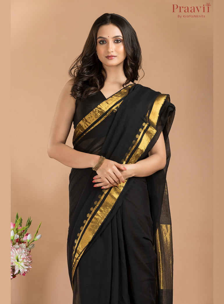 Black Mulmul Saree with Gold Border