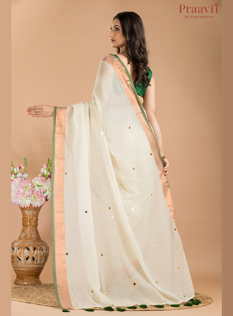 White Mul Cotton Saree with Gold & Green Border