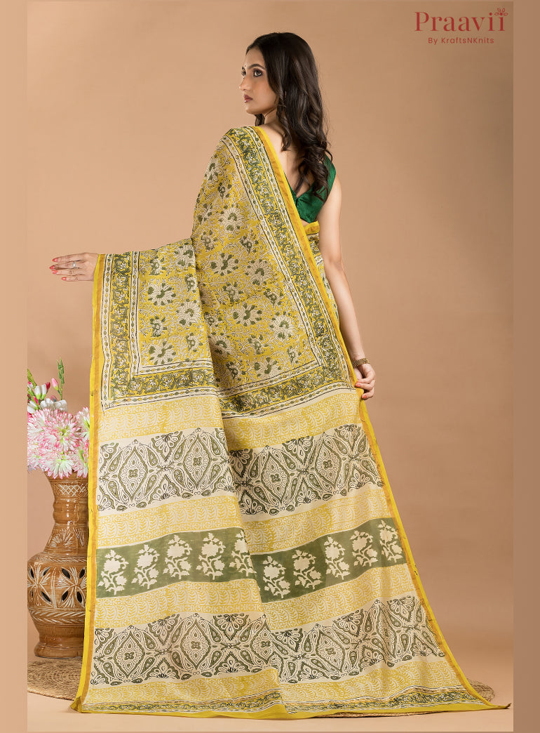 Yellow Chanderi Hand Block Print Saree