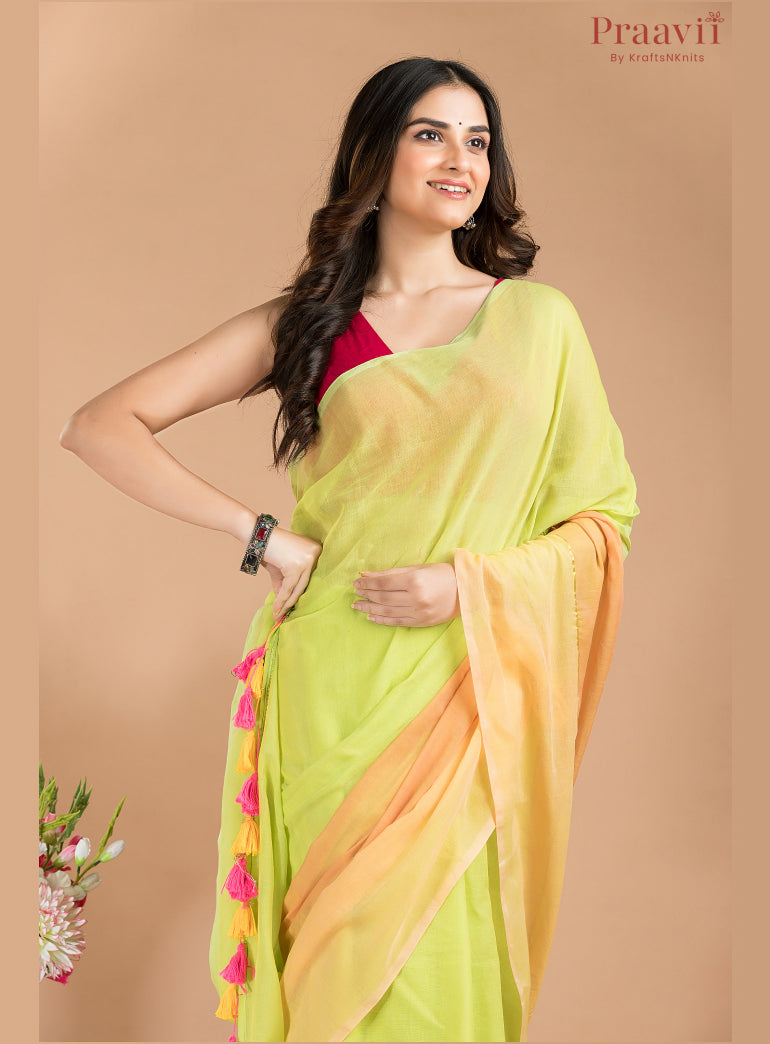 Greenish Yellow Mul cotton saree