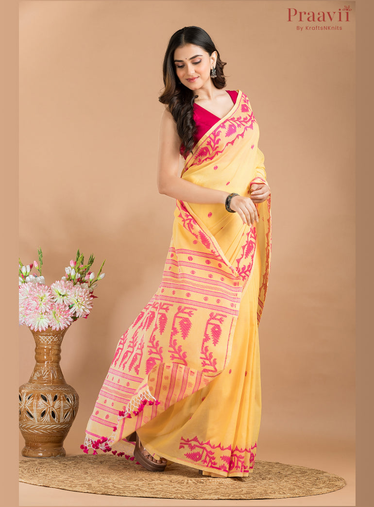 Yellow and Pink Soft Cotton Jamdani Saree