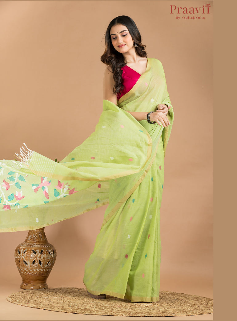Pista Green pure cotton Jamdani saree