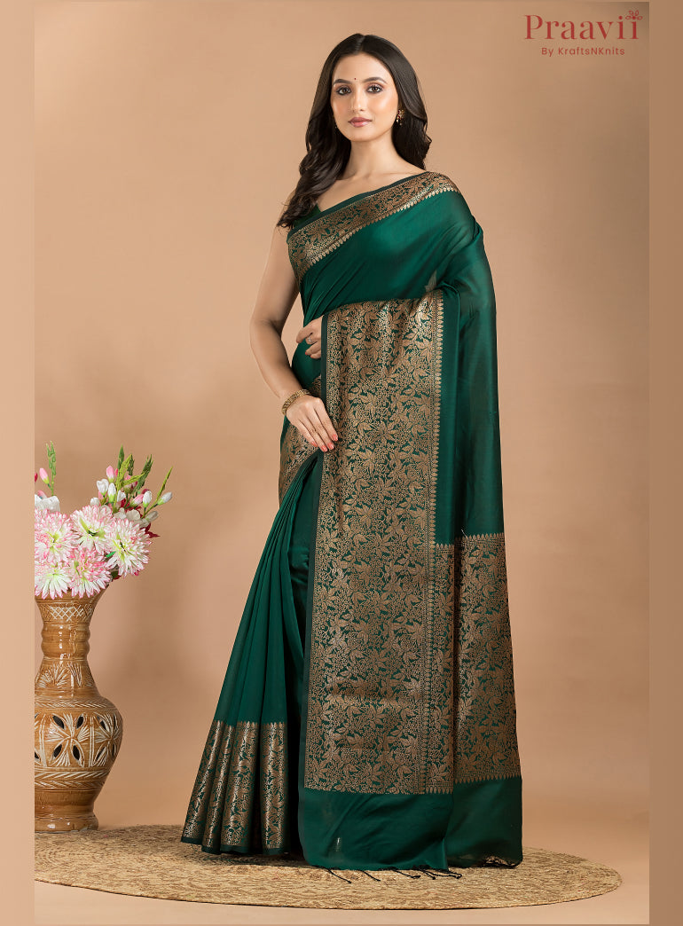 Bottle Green Matka Saree with Gold Border