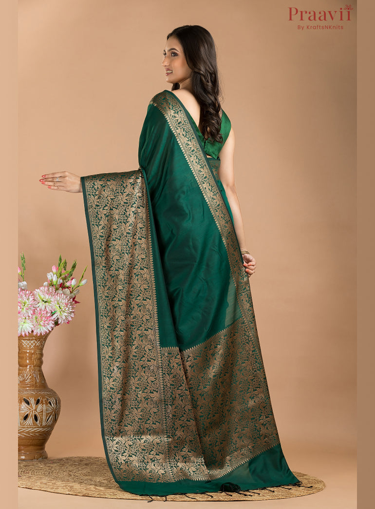 Bottle Green Matka Saree with Gold Border