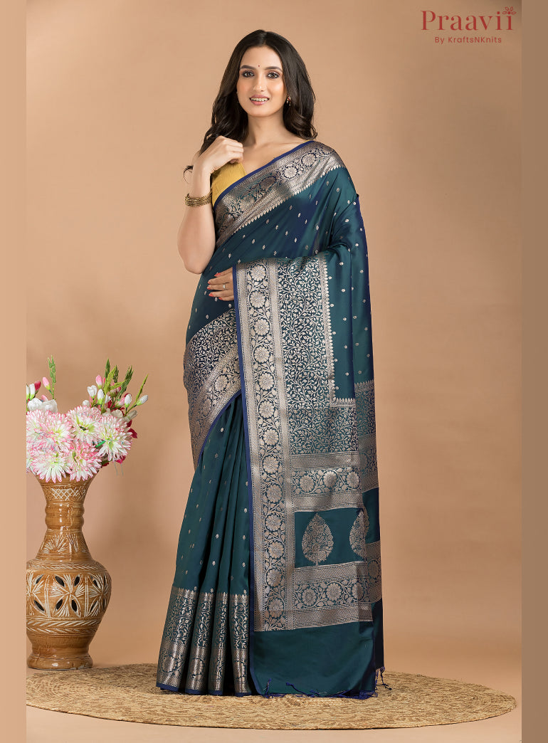 Dark teal blue semi silk saree with gold border