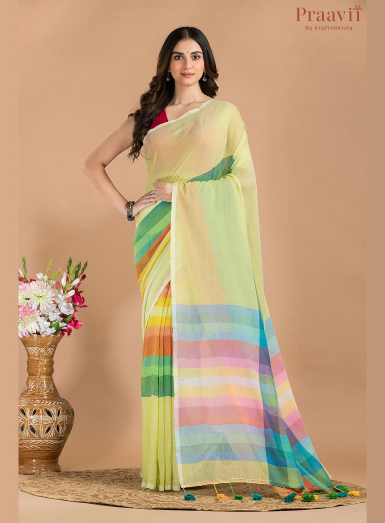 Lime Green Mulmul Cotton Saree
