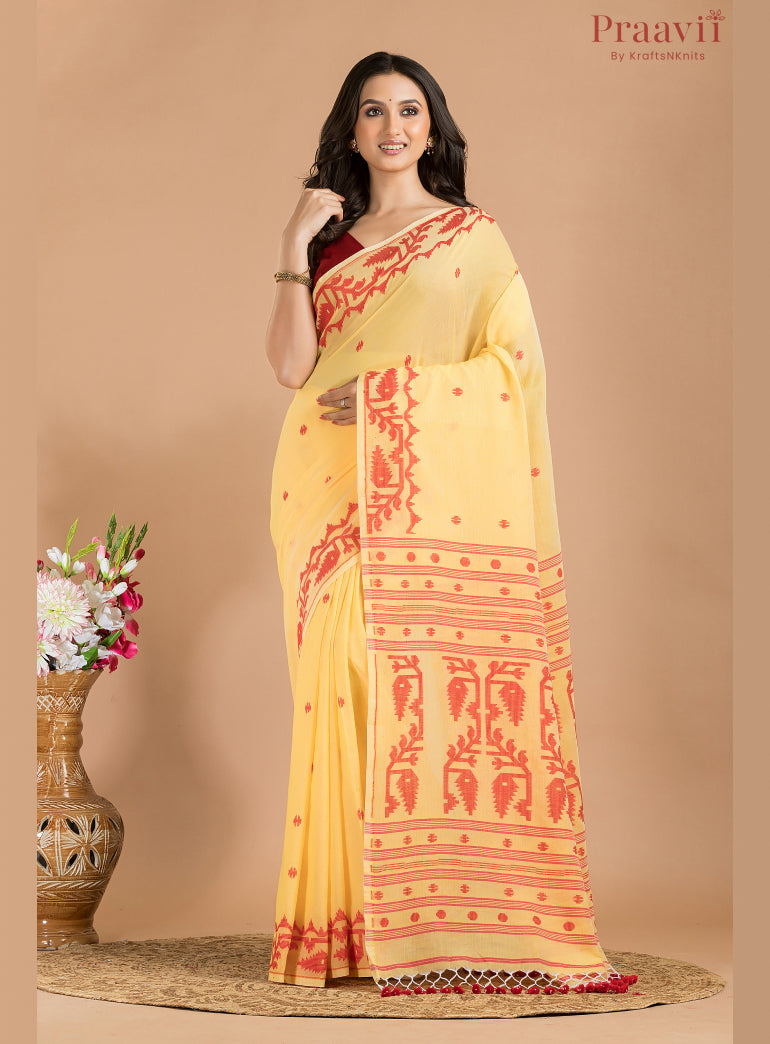 Yellow & Red Cotton Jamdani Saree