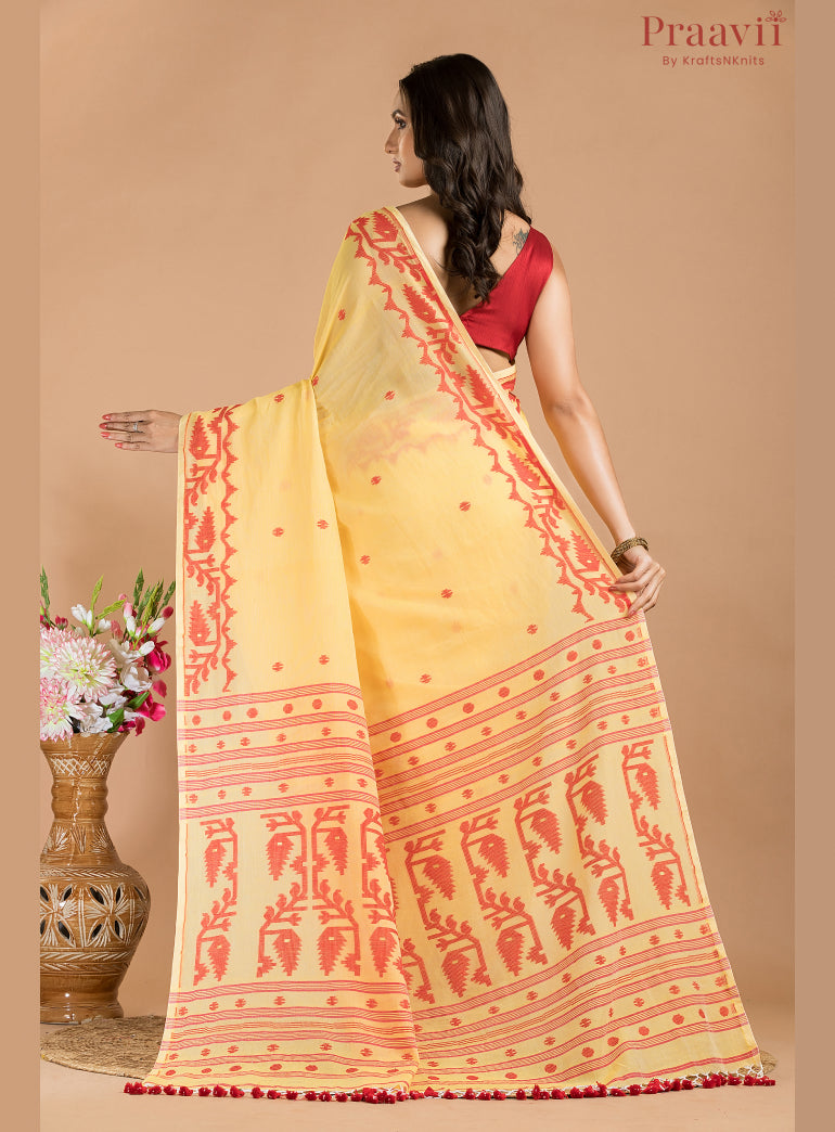 Yellow & Red Cotton Jamdani Saree
