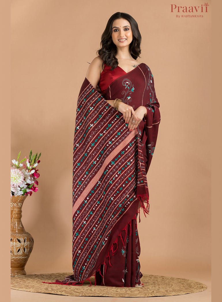 Maroon Cotton Kantha Saree