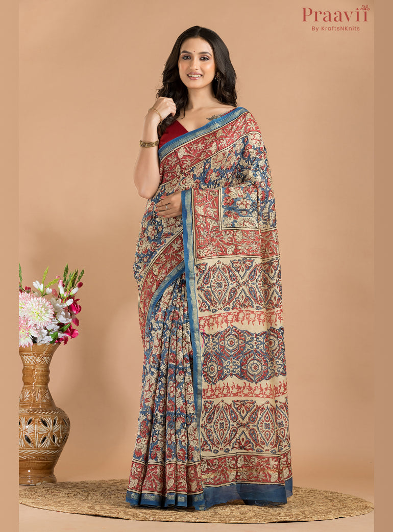 Red & Blue Printed Cotton Chanderi Saree