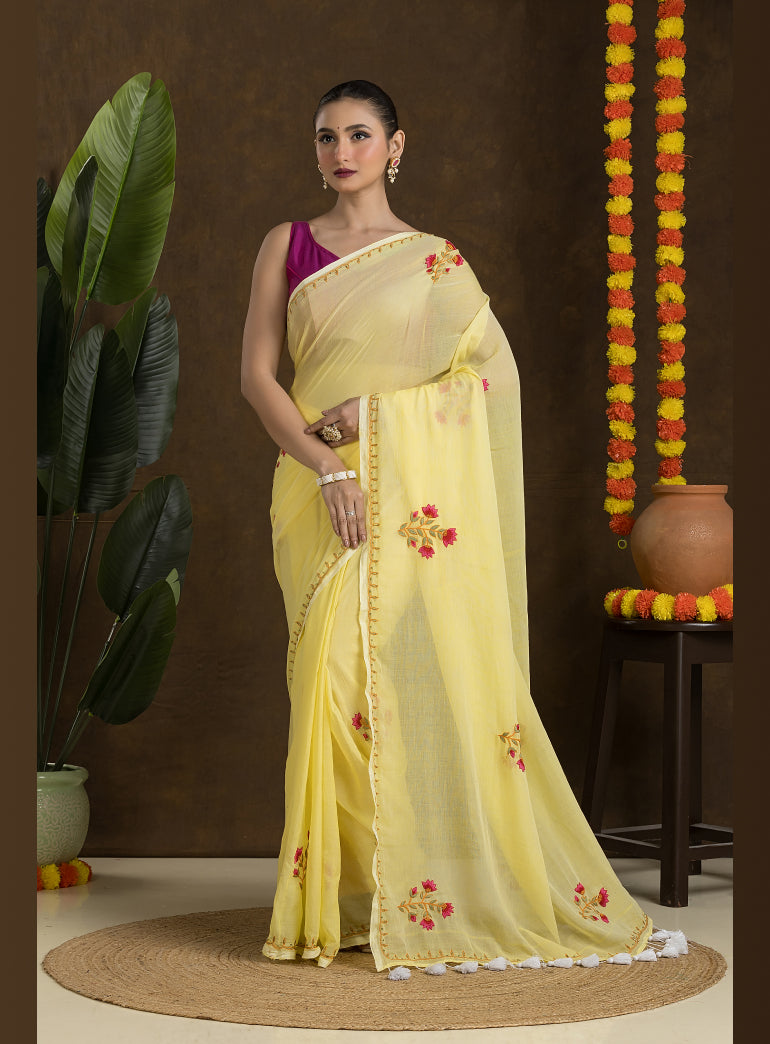 Light Yellow Mulmul Cotton Saree with Embroidery