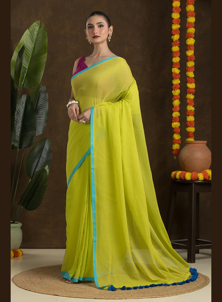 Lime Green Mulmul Cotton Saree