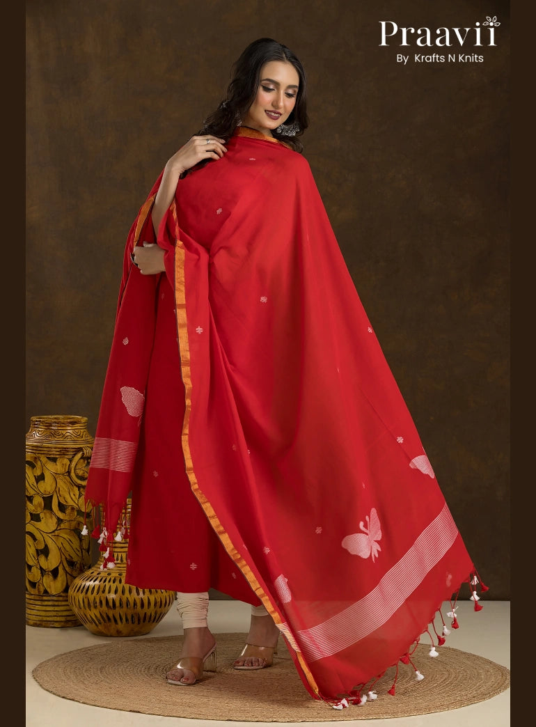 Red Unstitched Cotton Jamdani Butterfly 2-Piece Suit Set