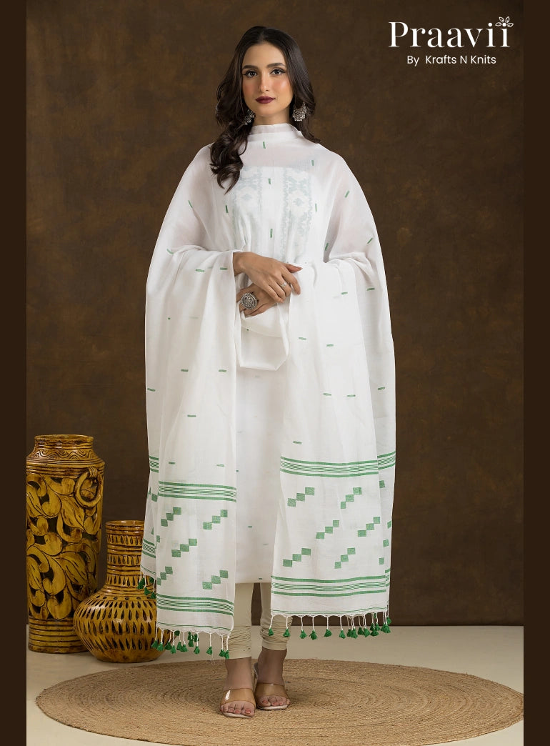 White and green Unstitched Cotton Jamdani 2-Piece Suit Set Dhakai