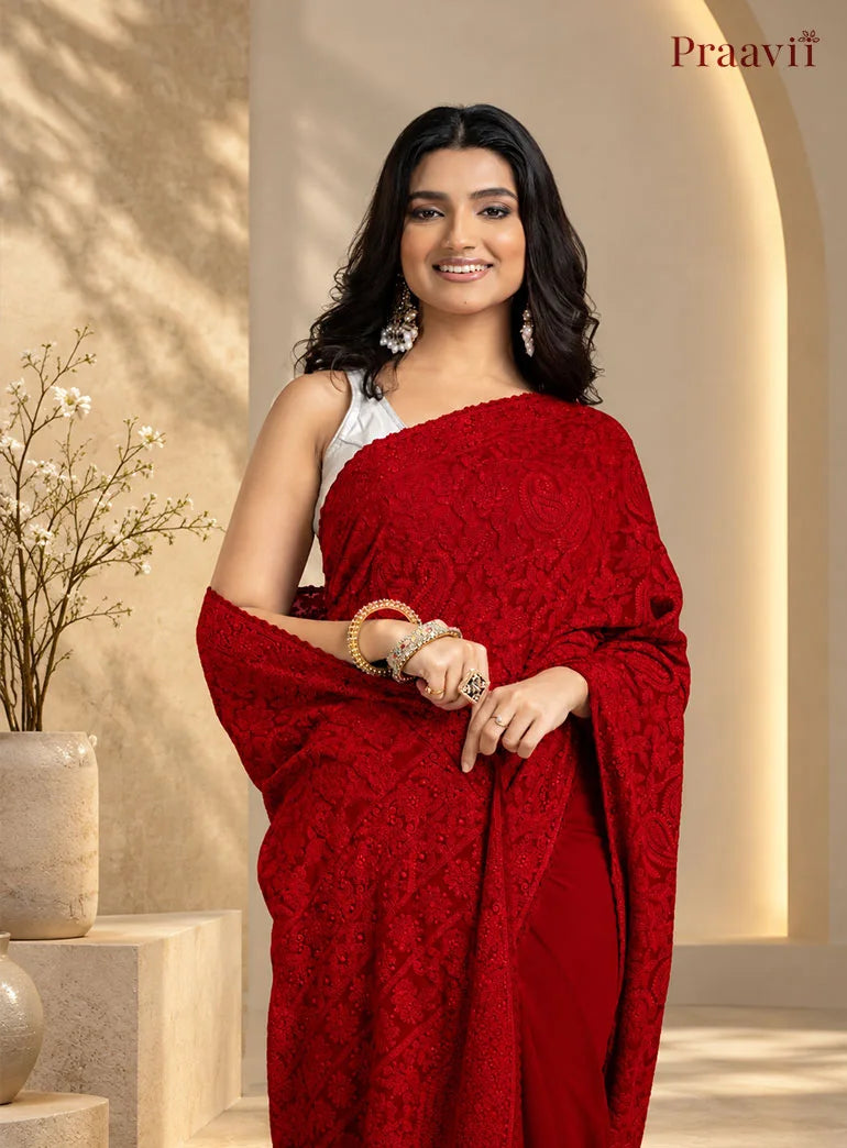 Kairi Red Georgette Chikankari Saree