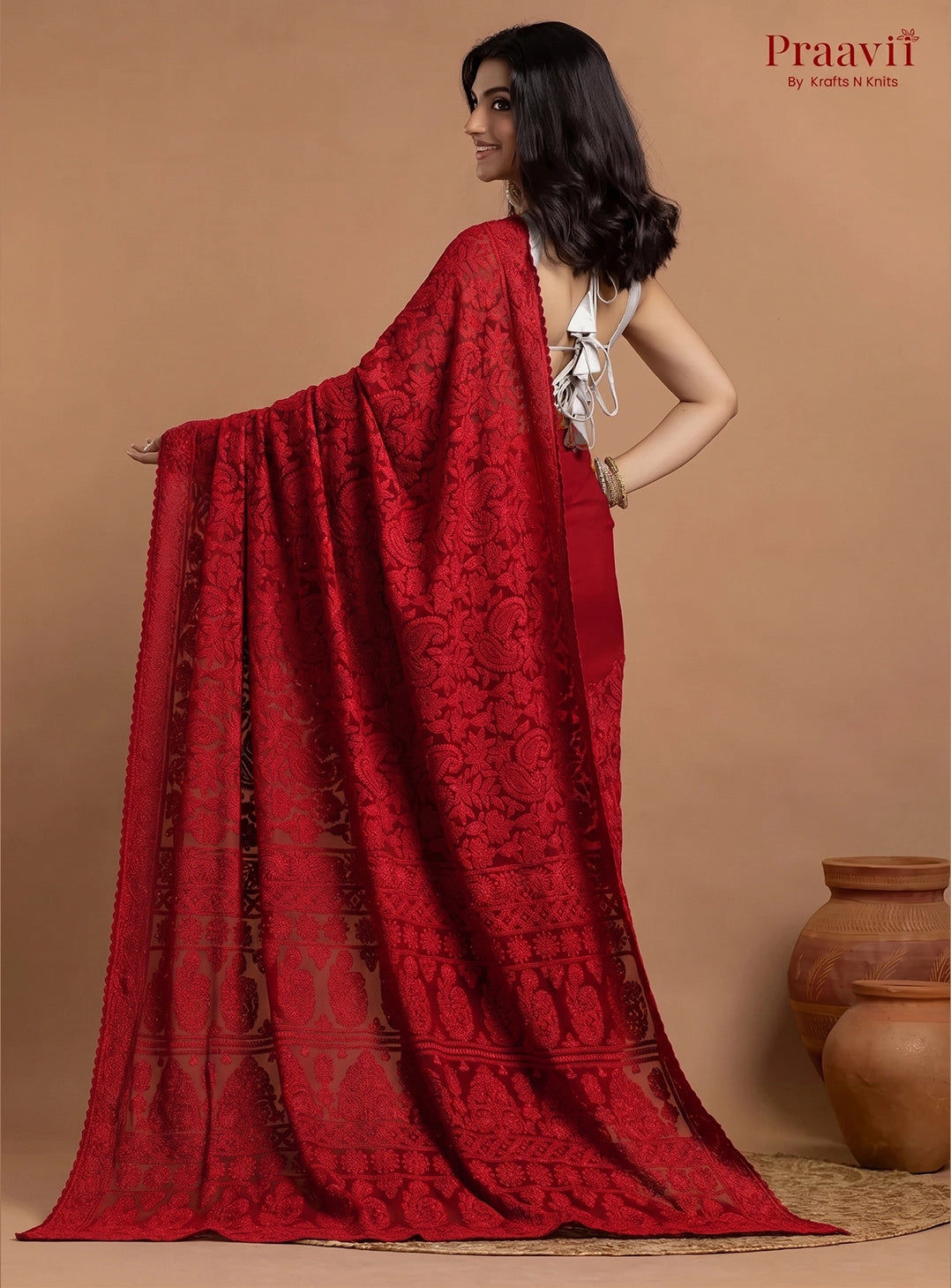 Kairi Red Georgette Lucknow Chikankari Saree