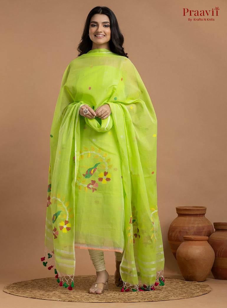 Neon Green Unstitched Muslin Jamdani 2-Piece Suit Set