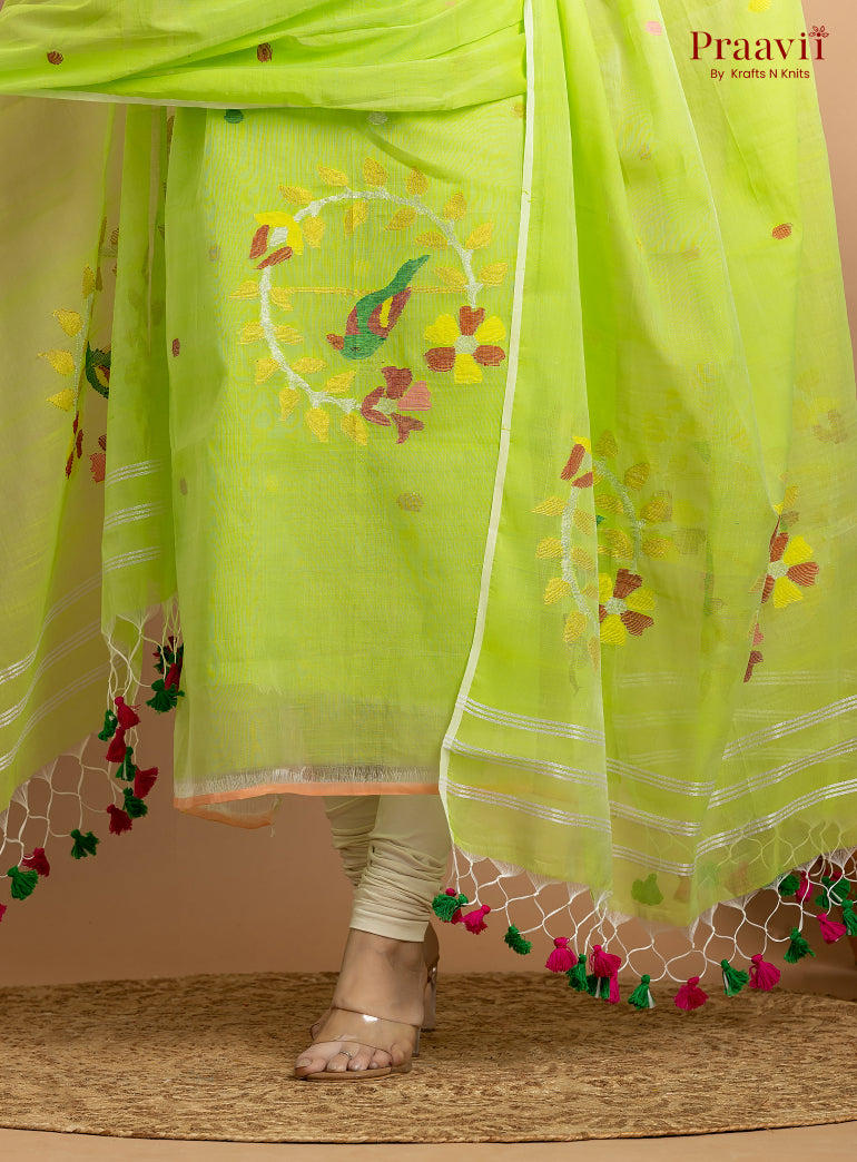 Neon Green Unstitched Muslin Jamdani 2-Piece Suit Set