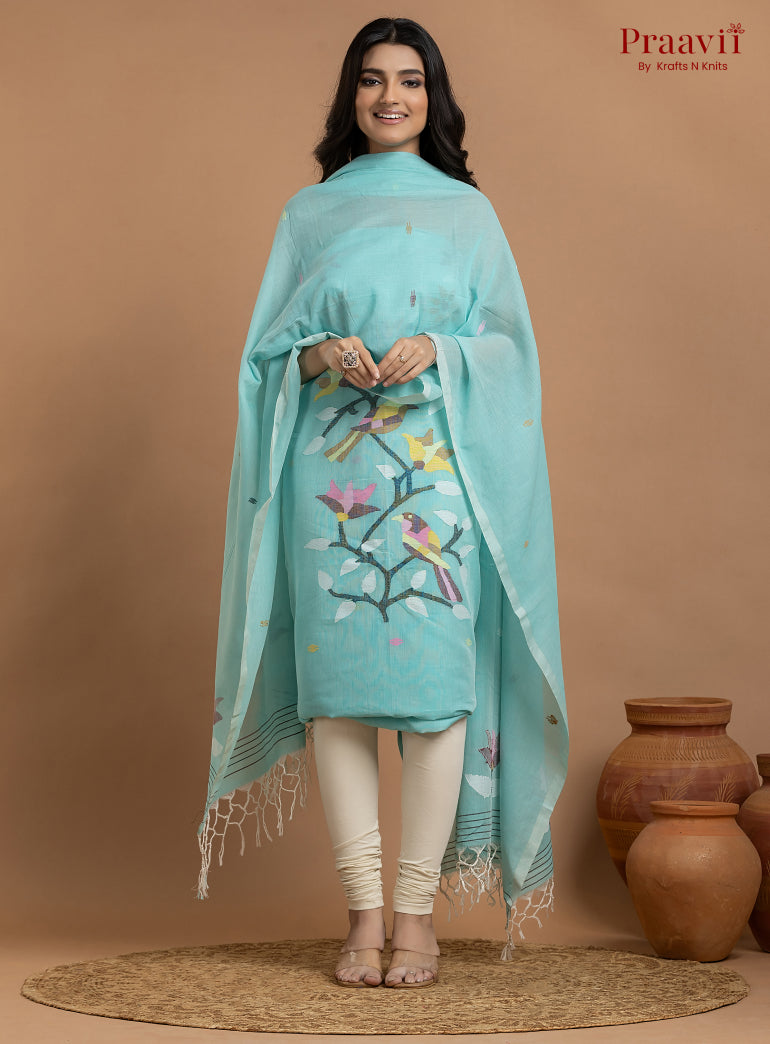 Sky Blue Unstitched Cotton Jamdani 2-Piece Suit Set