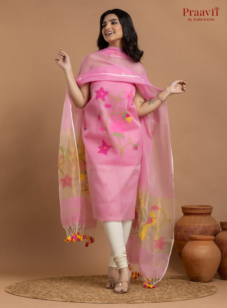 Baby Pink Unstitched Muslin Jamdani 2-Piece Suit Set
