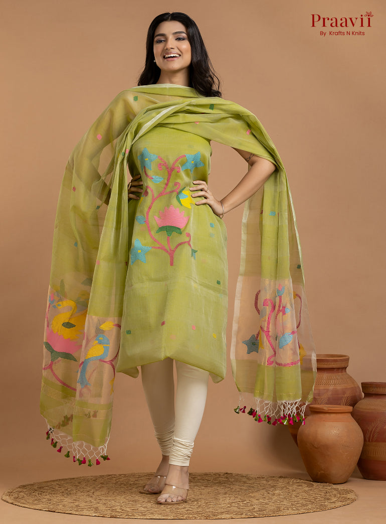 Olive Green Unstitched Muslin Jamdani 2-Piece Suit Set