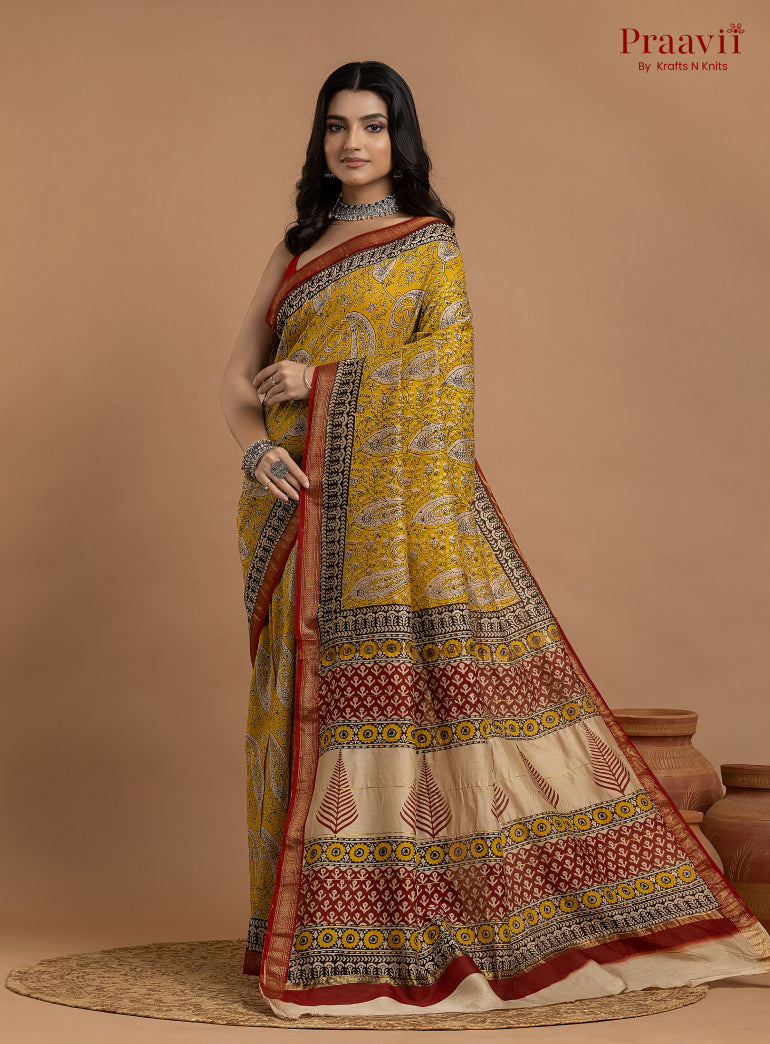 Mustard Yellow Maheshwari Silk by Cotton Hand Block Print Saree