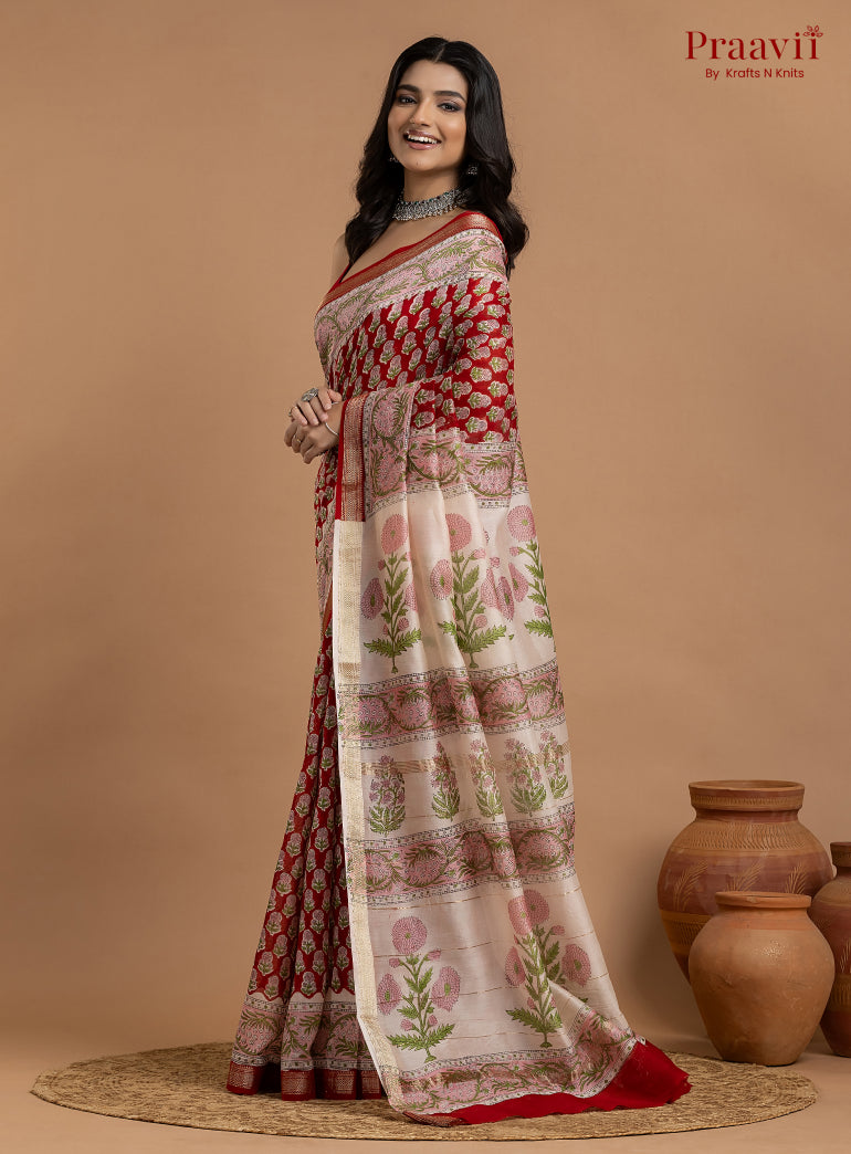 Red Maheshwari Silk by Cotton Hand Block Print Saree