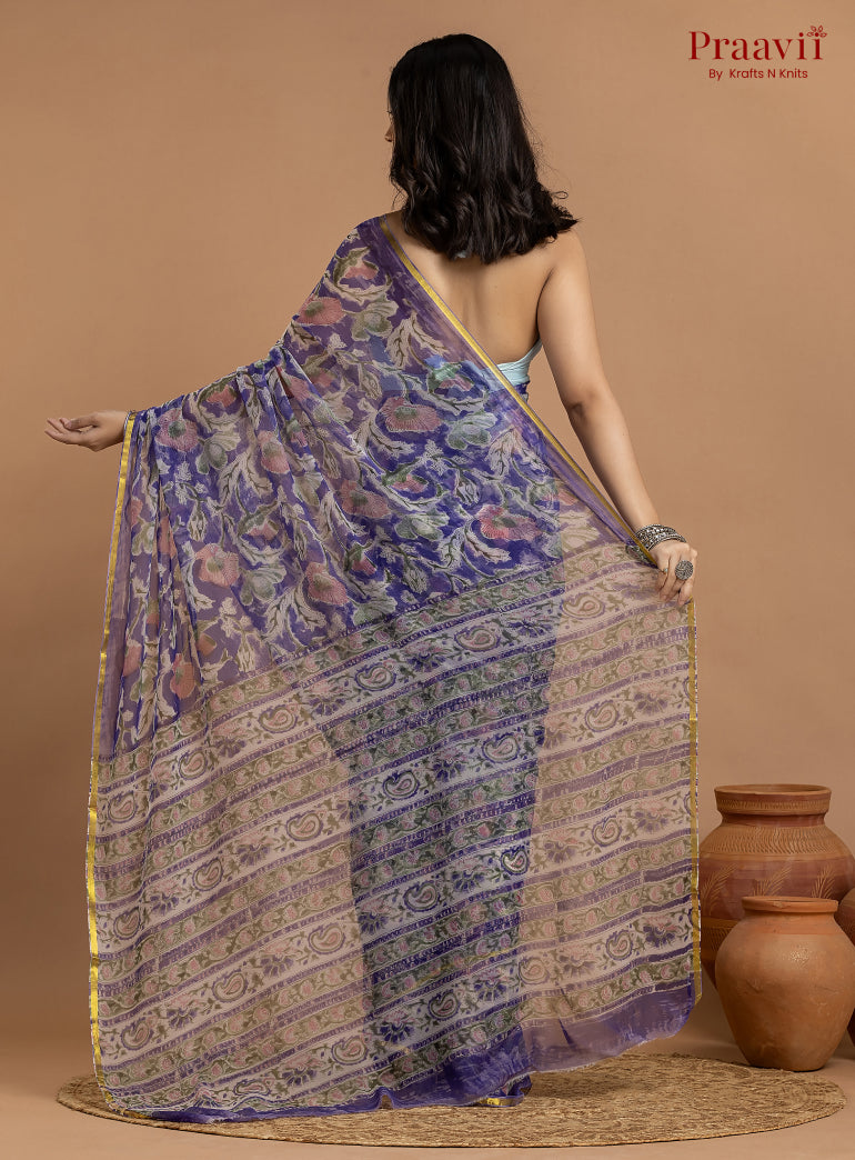 Purple Pure Chiffon Hand Block Print Saree
