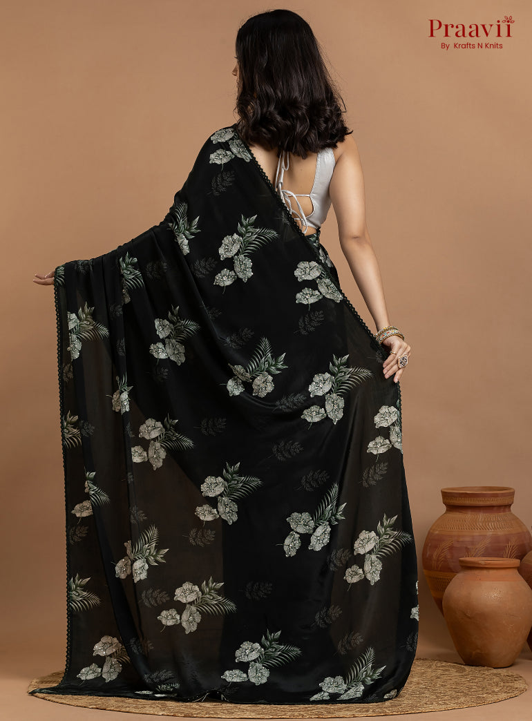 Dark Bottle Green Crepe Satin Saree with Sequin Work
